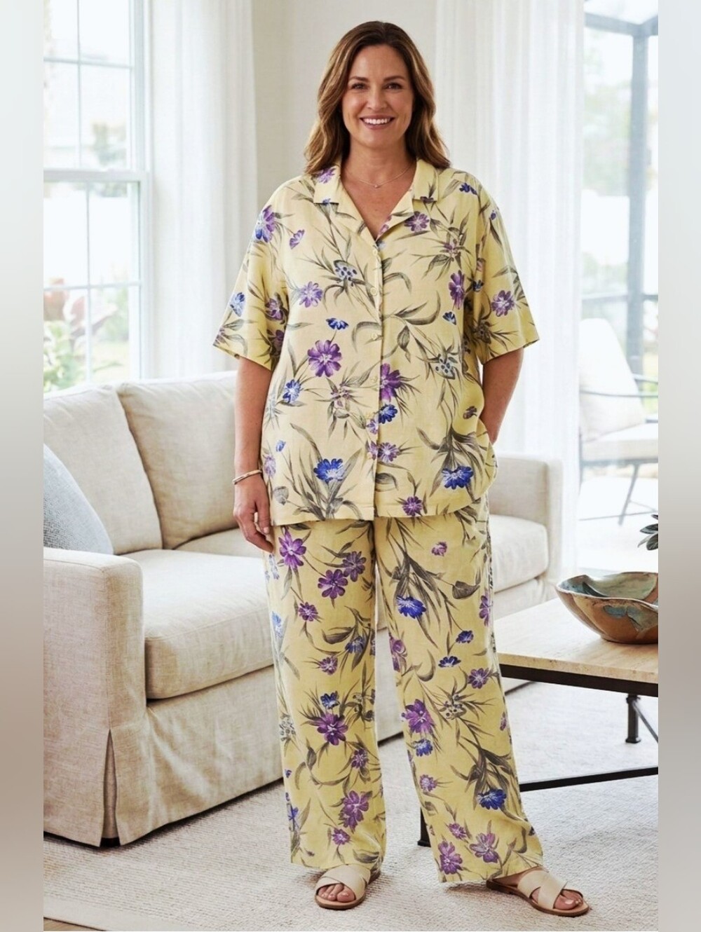 ERIKA II COLLECTION Linen Pale Yellow/Purple Floral 2-Piece Short Sleeve Set 2X